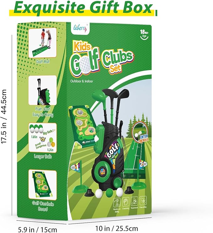 Liberry Toddler Golf Set for Age 2 3 4 5 Boys Girls, Upgraded Kids Golf Cart with Putting Mat & Cornhole Board, Outdoor Indoor Sports Toys for Birthday, Black