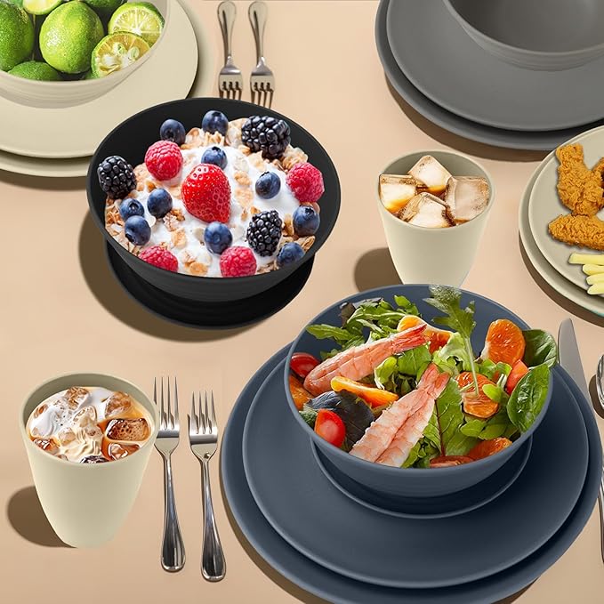 Wrova 40Pack plates and bowls sets for dinner - Unbreakable wheat straw dinnerware sets service for 8 - Alternative plastic 40pcs dish sets for camping,picnic and R.V. - (Black & Grey)