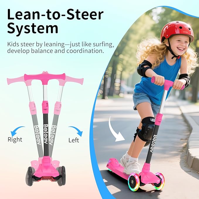BELEEV Scooters for Kids 3 Wheel Kick Scooter for Toddlers Girls Boys, 4 Adjustable Height, Lean to Steer, Light up Wheels, Extra-Wide Deck, Easy to Assemble for Children Ages 3-12 (Rose Pink)