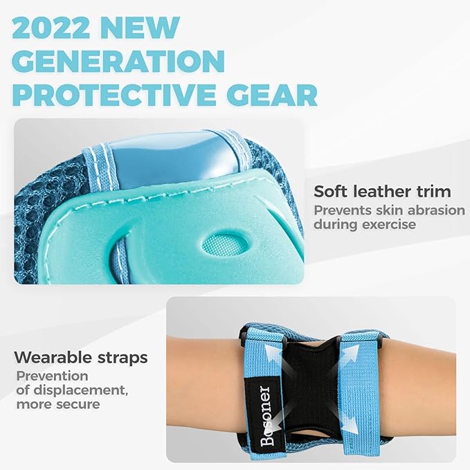 BOSONER Knee Pads for Kids Roller-Skating: Adjustable Protective Gear Set Knee Elbow Pads Wrist Guards for Bike Cycling Skateboarding Scooter Gifts 3-8/9-15 Years Boys Girls