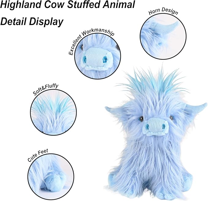 Highland Cow Fluffy Stuffed Animal, 10" Adorable Realistic Plush Toy Soft Cute Cow Plushie Home Decor Gift for Boys Girls Kids Teens Adults, Blue