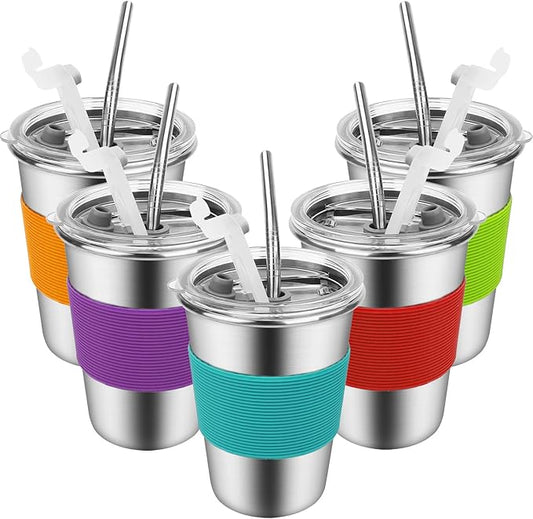 Yummy Sam Stainless Steel Cups with Straws and Lids,12oz Spill-proof Kids Tumblers Dishwasher Safe, Unbreakable Metal Toddler Cups with Heat-insulated Sleeves for Cold Drinks, 5 Pack