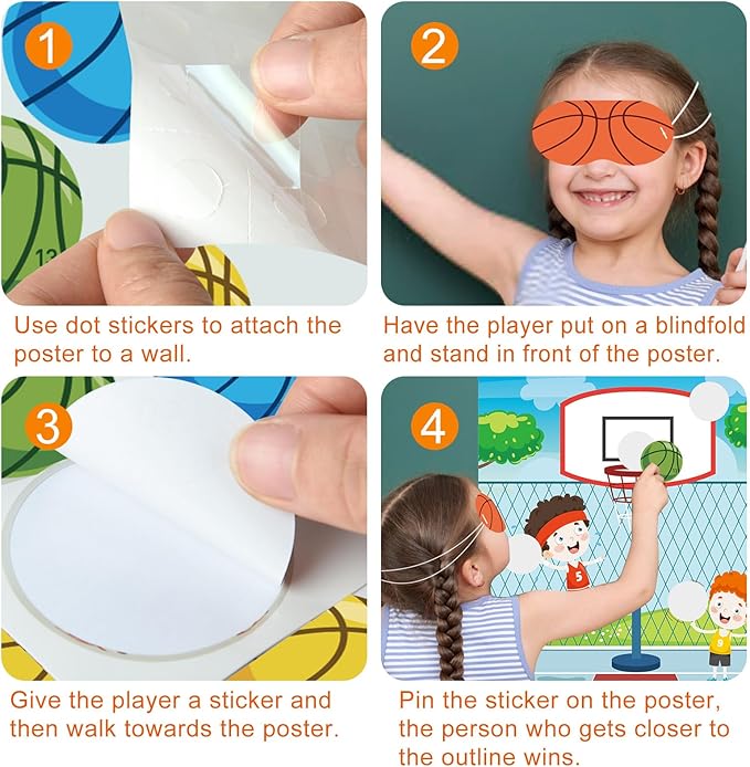 PLULON Basketball Party Game Pin The Basketball On The Hoop Birthday Party Game for Kids Large Basketball Poster with Basketball Stickers for Boy Girl Classroom Activities Birthday Party Decorations