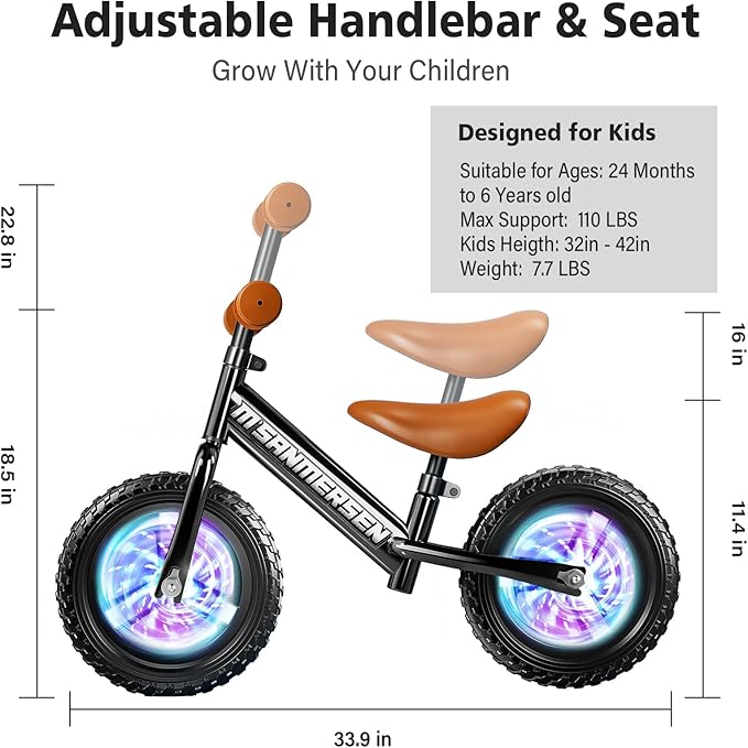 Colorful Lighting 12 Inch No Pedal Balance Bicycle Bike for Kids,Age 24 Months to 5 Years Old Lightweight Steady Balancing Bike with Adjustable Handlebar&Seat,Birthday Gift for 2 3 4 5 Year Old