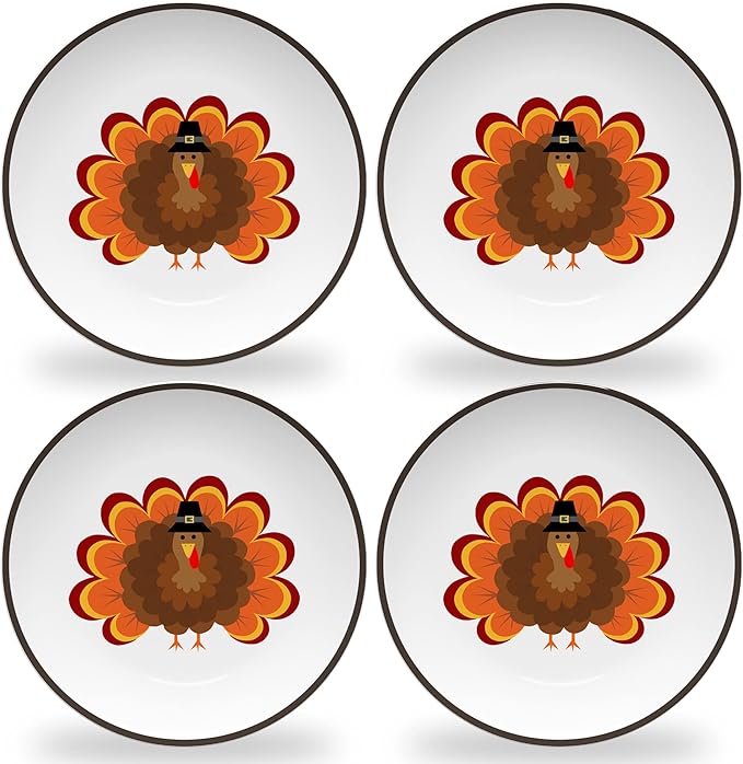 Tiny Expressions - Thanksgiving Plates for Kids - Set of 4 Melamine Thanksgiving Plates with Cute Turkey Designs for Children - Perfect for Holiday Meals and Celebrations