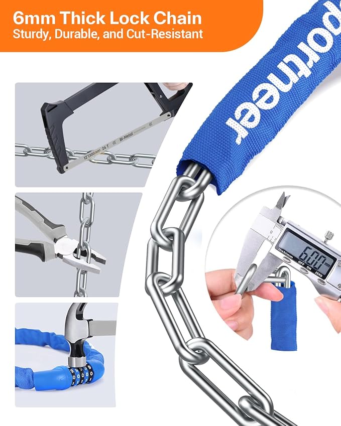 Sportneer Bike Lock: 5 Digit Combination High Security Anti Theft Bike Chain Lock - 3.2/3.6/4ft Heavy Duty Keyless Bicycle Lock for Bike, Motorcycle, Scooter, Door & Gate - 4/6mm Thick, Easy to Use