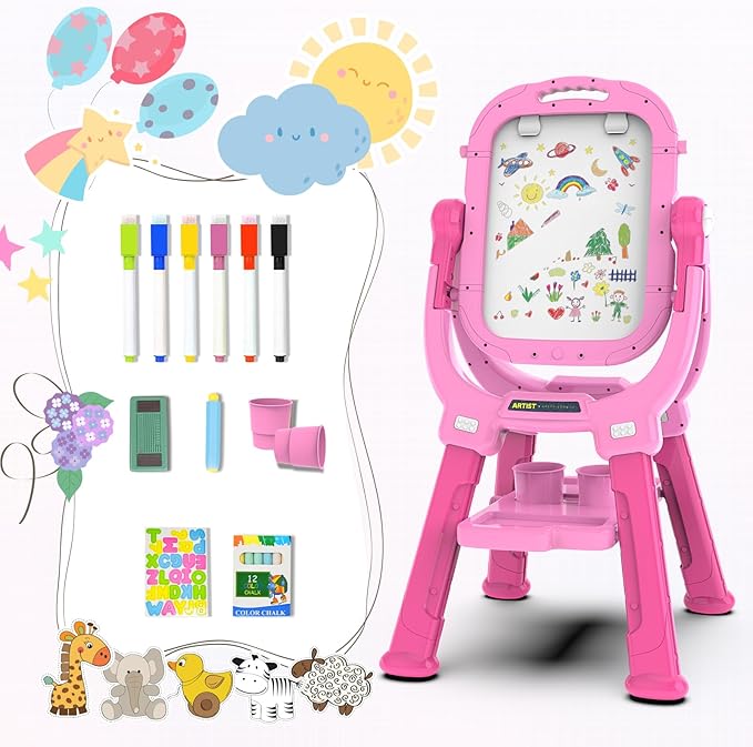 Easel for Kids, Toddler Art Easel Adjustable Standing, Magnetic Double Sided Easel with Painting Accessories, Gift for Girls (Light Pink)