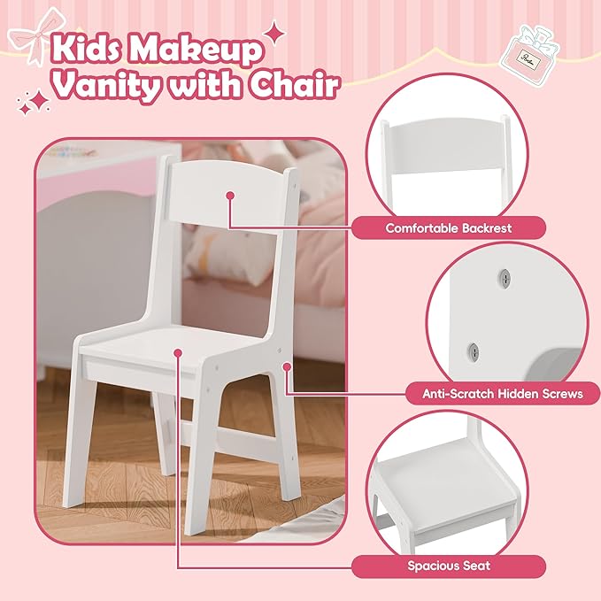 MU Kids Vanity with Lights, Princess Makeup Vanity Table and Chair Set for Girls, Toddler Vanity Desk with Open Bookshelf, Storage Cabinet & Shelves, Stools, White
