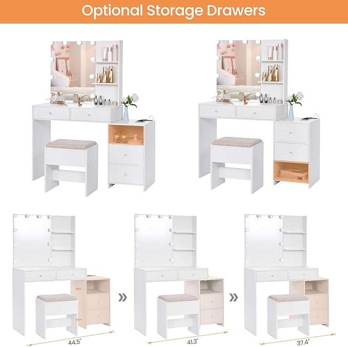 ANWBROAD Makeup Vanity Desk with Mirror & 10 LED Lights Big Vanity Set with Charging Station, Nightstand, Drawers, Storage Shelves, Stool, Bedroom Dressing Table for Women Girls White UBDT13W