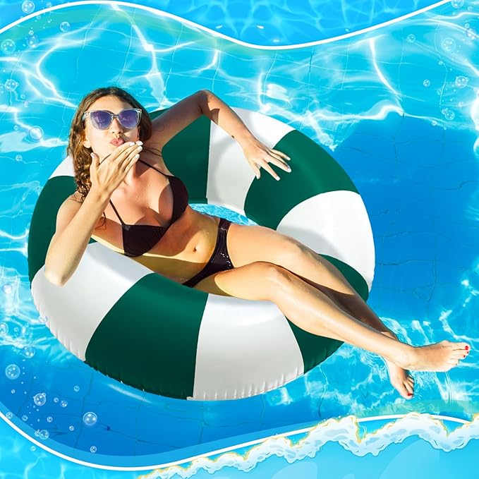 Jumbo Pool Floats 47.24 Inch Large Swimming Ring Dark Green Striped Rings Inflatable Tube for Adult Swimming Pool Summer Beach Bachelorette Wedding Party Decor Supplies