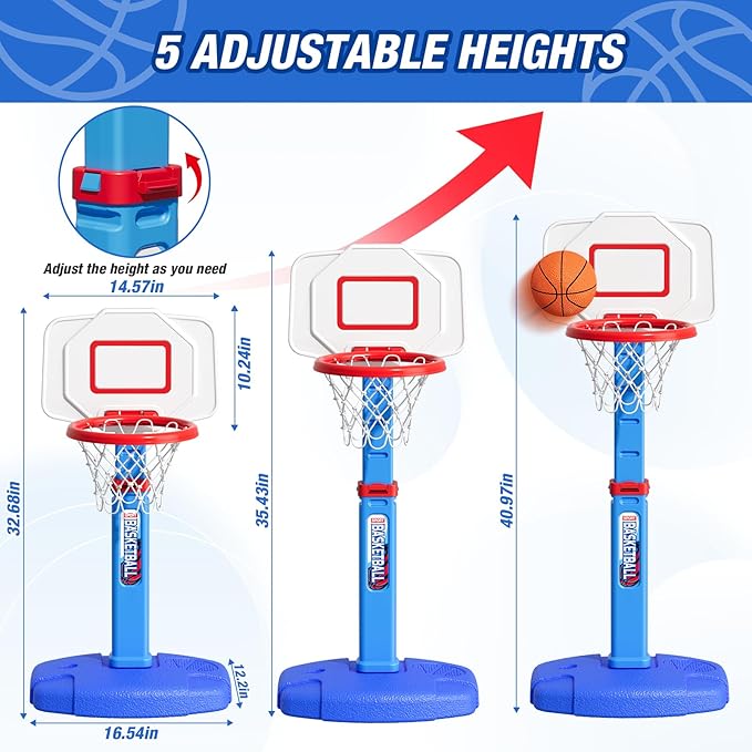Toddler Basketball Hoop, Adjustable Height Indoor Basketball Hoop for Kids 1-3, Foldable Mini Basketball Goal with 3 Balls, Outdoor Poolside Sport Toy, Birthday for Baby Boys Girls
