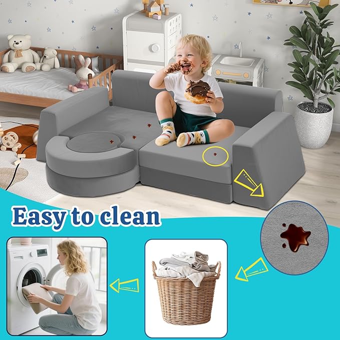 13Pcs Modular Kids Play Couch Toddler Couch Kids Sofa Playroom Furniture Convertible Foam and Floor Cushion Highly Elastic Foam for Boys and Girls (Light Gray)