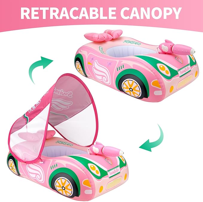 Swimbobo Toddler Pool Float Inflatable Car Baby Swim Float with Adjustable Sun Canopy and Safety Seat Pool Toys for Kids 3+ Years Old