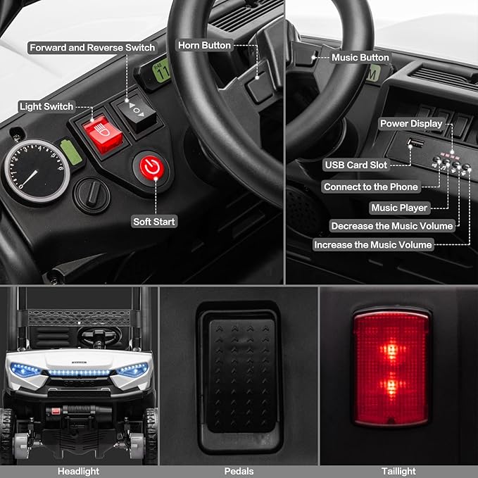 24V 2 Seater Kids Ride on Car, 4WD Golf Cart with Parent Remote Control, 4x4 Motors Ride on Truck with Roof, Toddler Electric Vehicle with Storage Box, Foot Pedal, Music Player, Lights, Horn, White