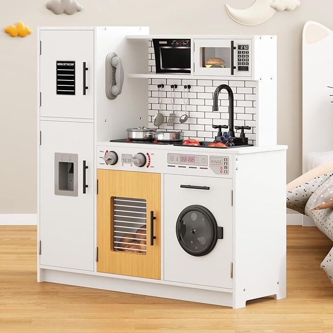 DlandHome Kids Kitchen Playset, Pretend Kitchen Playset with Real Lights & Sounds, Chef Pretend Play Set with Refrigerator, Microwave, Oven, Ideal Toy Gift for Toddlers and Kids Ages 3+