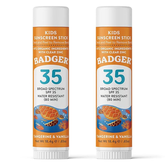 Badger Mineral Kids Sunscreen Face Stick SPF 35, Zinc Oxide Travel Size Sunscreen Stick for Kids, 97% Organic Ingredients, Reef Safe, Water Resistant, .65 oz, 2-Pack