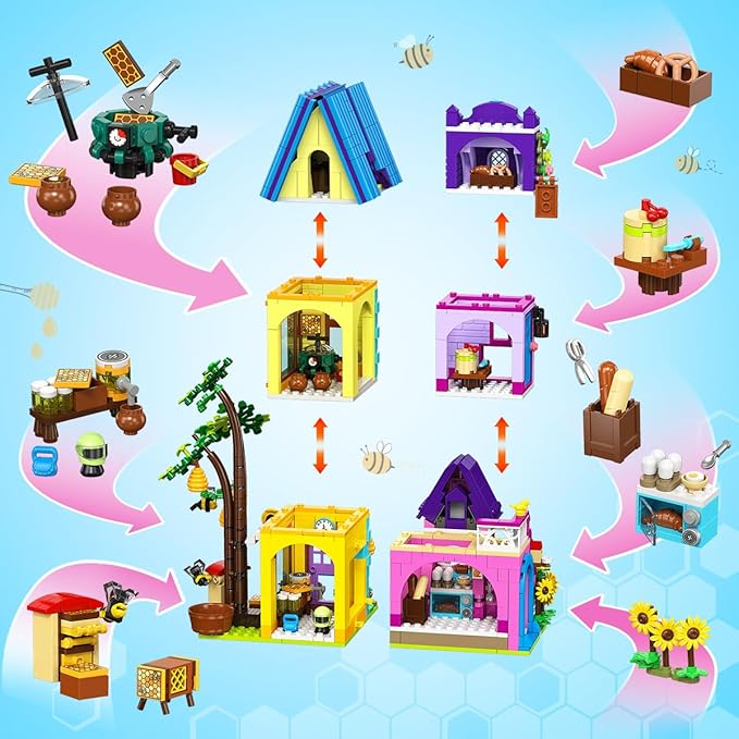 HOGOKIDS Beekeeping & Bakery House Building Toy with LED Light - 1084PCS Friends Girls Baking Building Set with Honey Workshop, Pretend Play Birthday for Kid Girls Boys Ages 8-12+ Years
