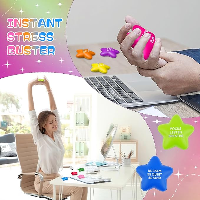 100PCS Bulk Star Stress Balls for Adults & Kids - Motivational Quotes Soft Foam Stress Relief Squeeze Toys, Fidget Anxiety & Anger Relief at Work/School/Home, Perfect Party Favors (Multi-Color)