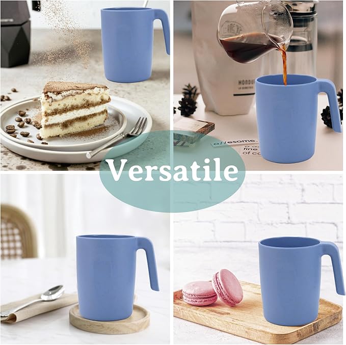 16oz Wheat Straw Cups with handles set of 6-Plastic Cups Reusable-Unbreakable Kids Mugs-Dishwasher Safe & Microwave Safe-Ideal Plastic Mugs for Tea,Coffee,Camping,RV-Sky Blue