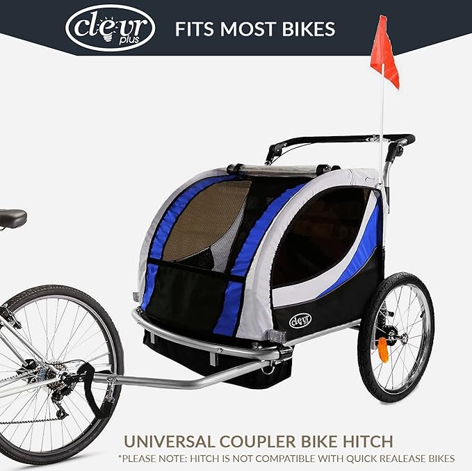 ClevrPlus Deluxe 3-in-1 Double 2 Seat Bicycle Bike Trailer Jogger Stroller for Kids Children | Foldable Collapsible w/Pivot Front Wheel