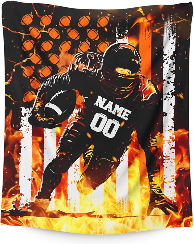 Personalized Football Throw Blanket Gifts for Boys, Sport Blanket with Name for Football Lovers Football Players, Custom 30x40 Inches Lap Size Soft Blankets for Sofa Couch Chair
