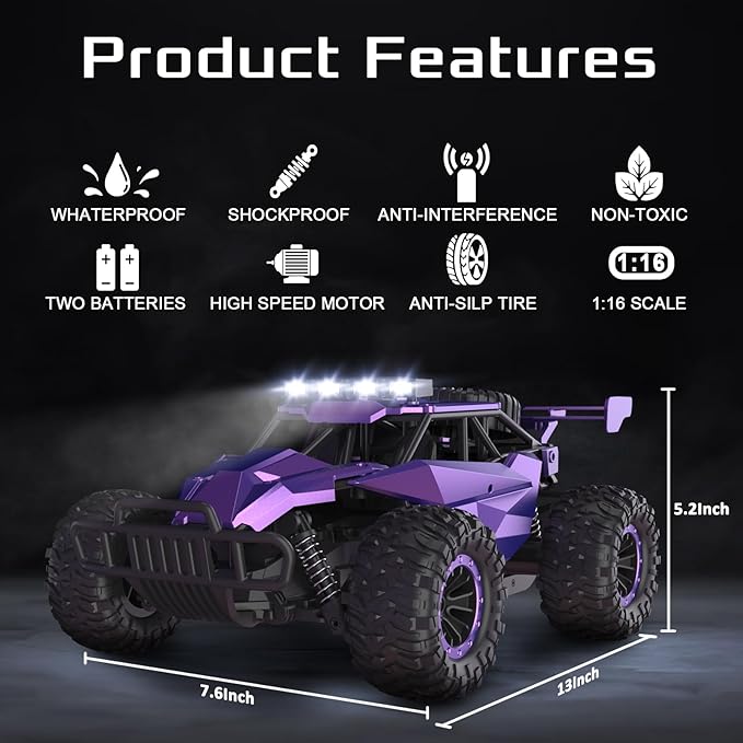 1:16 Scale Purple Remote Control Car, 20 Km/h High Speed Girls Remote Control Car Monster Vehicle with LED Headlights and Chassis Lights, RC Truck for Girls Boys and Adults