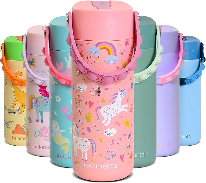 Elemental Insulated Kids Water Bottle, Stainless Steel Water Bottle with Straw Lid & Pop-It Handle, Leak-Proof Water Bottles for School, Boys or Girls, Travelling and Sports, 18oz - Pink Unicorn