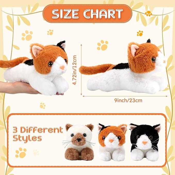 3 Pcs 9 Inch Cat Stuffed Animal Plush Gift Cute Kitten Plush Toys Small Cat Stuffed Animal Sleeping Gifts for Boys Girls Pet Party Favors(Cute Style)