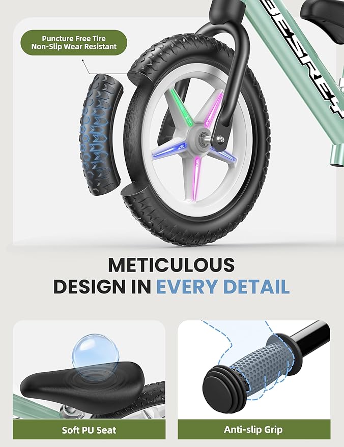besrey Toddler Balance Bike 2 Year Old: All-Metal Frame & 12" Self-Lighting Wheels, Kids Bike with Adjustable Seat, Custom Plate w/Bonus 4 Sets of Stickers, Gift Bike for Boys Girls 2 3 4 5 Years Old