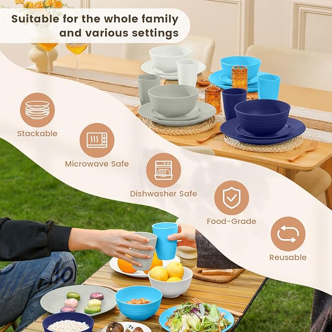 Homienly Premium Wheat Straw Dinnerware Sets, Plates and Bowls Sets,Cups,Alternative to Plastic Plates Service for 4, Dishwasher and Microwave Safe 16 PCS Dish Sets for Home,Camping - Island
