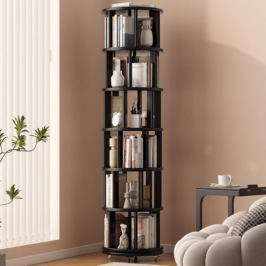 Solid Wood Rotating Bookshelf on Wheels, 6 Tier, Round Revolving Bookcase, 360° Spinning Book Shelf Tower for Kids, Narrow Rolling Bookshelves for Small Space, Corner, Bedroom, Office, Black