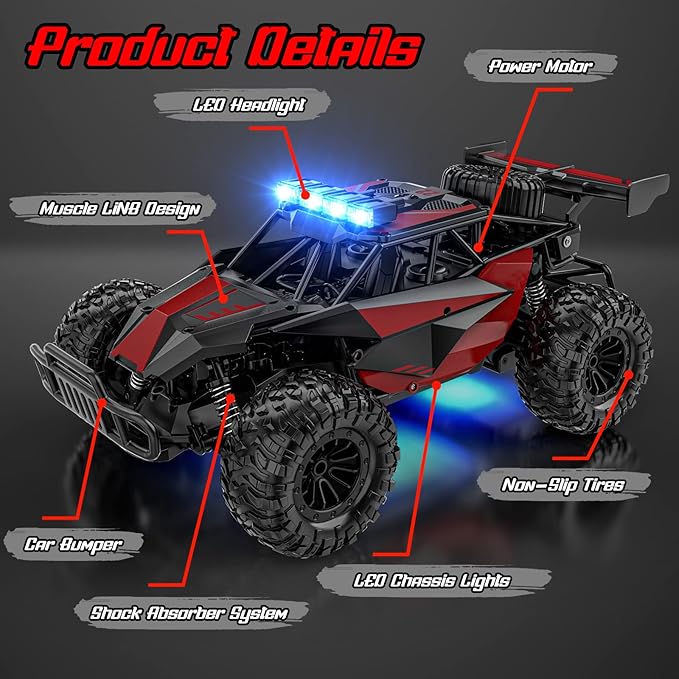 BLUEJAY Remote Control Car, 2.4GHz High Speed 33KM/H RC Cars Toys, 1:12 Monster RC Truck Off Road with LED Headlight and Rechargeable Battery Gifts for Adults Boys 8-12