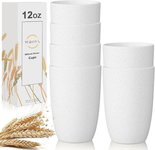 Wheat Straw Cups Set of 6 Good Alternative to Plastic Cups Reusable 12 oz Unbreakable Drinking Cup Reusable Dishwasher Safe Water Plastic Kitchen Glasses - White