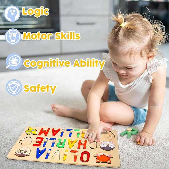 Baosity Personalized Name Puzzles for Toddlers 1-3, Custom Name Puzzle for Kids, Early Learning Toys for Baby Boy Girl, Wooden Toddler Puzzles, Personalized Gifts for Birthday Christmas Baby Shower