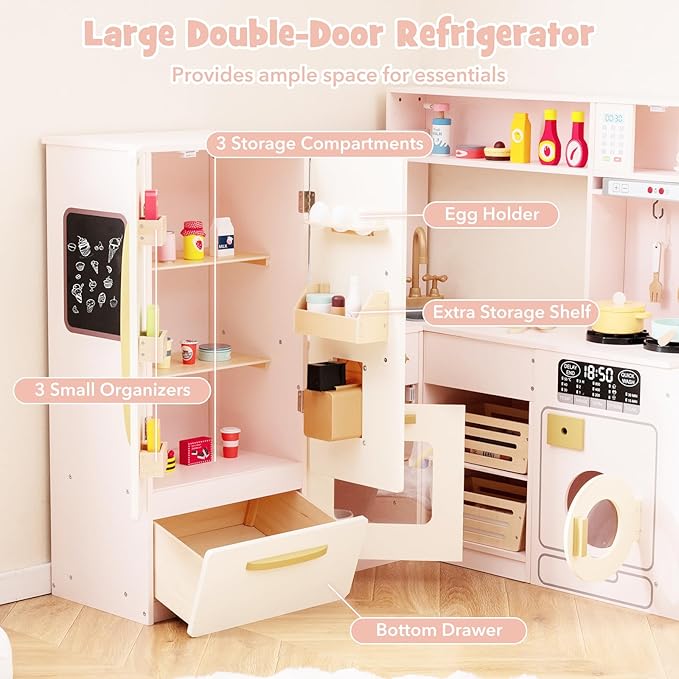 Costzon Corner Kitchen Playset, Kitchen Toy Set w/Real Lights & Sounds, Large Fridge, Ice Maker, Oven, Microwave, Washer, Trash Can & 22 Accessories, Wooden Pretend Play Kitchen for Kids 3+ (Pink)