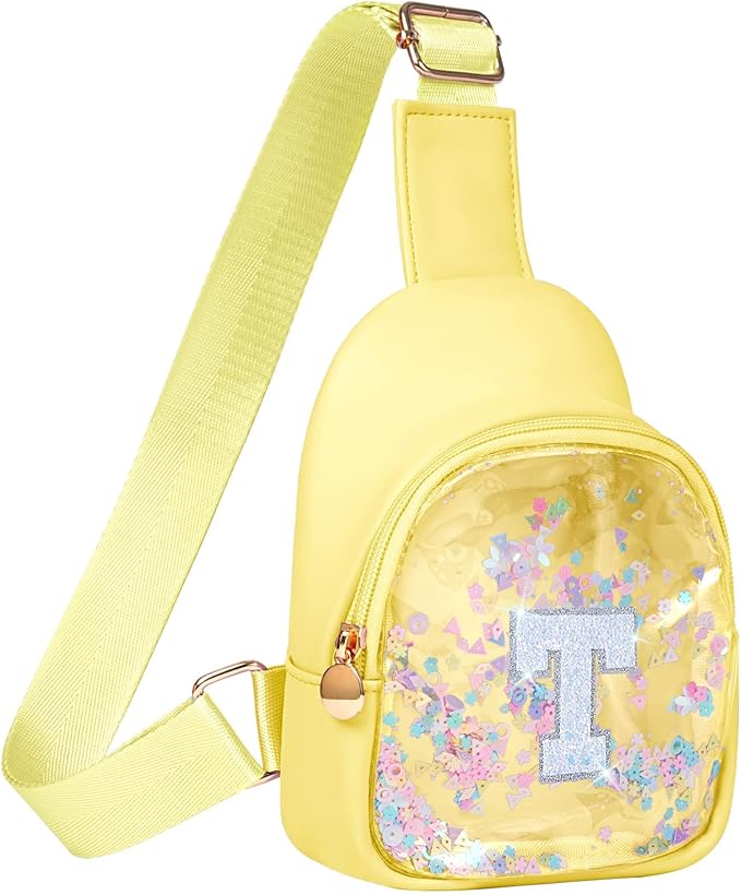 COSHAYSOO Personalized Christmas Birthday Gifts Burr Basket Stuffers for Girls Yellow Purse Sling Bag Crossbody Girl Cute Funny Cool Mini Travel Fashion Accessories Monogrammed Initial Letter T