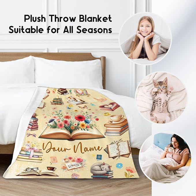Blanket for Girls, Book Blankets, Personalized Book Lovers Gifts for Kids Women Adults, 60"x80" Custom Cozy Plush Throw for Library Nap Bedroom Living Room