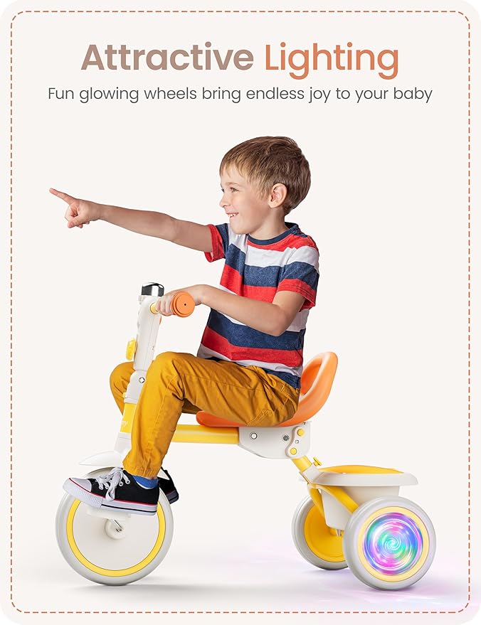 besrey Colorful Lighting Toddler Tricycle for Ages 18 Months to 5 Years, Toddler Bike with Bell, Kids Tricycle, Gift for 2-5 Year Olds, Toy for Boys and Girls, Tricycle for Toddlers, Yellow