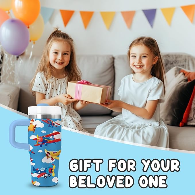 Airplane Gifts for Boys - 14oz Blue Kids Helicopter Airplane Tumbler with Handle and Straw, Stainless Steel Insulated Water Cup, for Sport, School - Airplane Themed Children Birthday Gifts Cup(1pc)