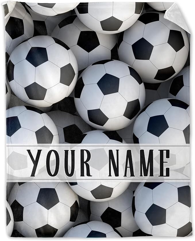 Personalized Soccer Throw Blanket with Name - Soft, Fuzzy & Warm - 40x50 Inches Crib Size Blanket for Couch, Office - White Cute Throw Gift for Girls, Boys