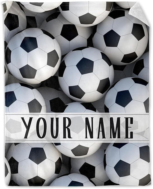 Personalized Soccer Throw Blanket with Name - Soft, Fuzzy & Warm - 30x40 Inches Lap Size Blanket for Couch, Office - White Cute Throw Gift for Girls, Boys