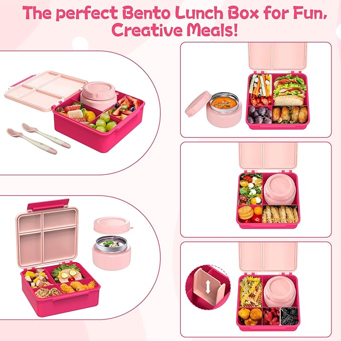 Kids Bento Lunch Box with 8oz Soup Thermo, Kids Leakproof Lunch Food Containers with 4 Compartment,Insulated Hot Food Jar with Lunch Bag for School, Travel (Pink)
