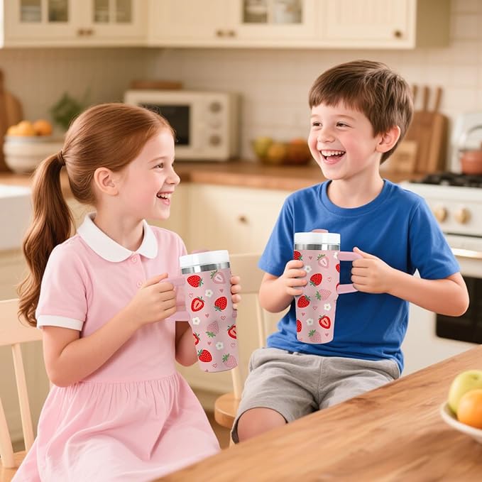 Strawberry Gifts for Girls - 14oz Cute Strawberry Kids Tumbler with Handle and Straw, Stainless Steel Insulated Water Cup, for School, Travel - Strawberries Themed Children Birthday Gifts Cups(1pc)