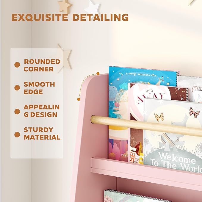 Kids Bookshelf, 3-Tier Montessori Book Shelf Organizer for Books and Toys, Toddler Bookshelf for Bedroom, Living Room, Playroom, Classroom, Nursery - Pink