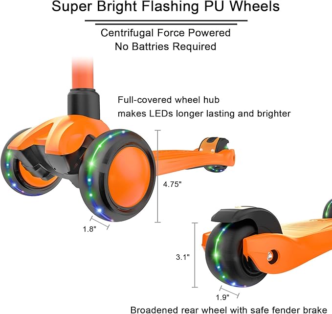 Allek Kick Scooter B03, Lean 'N Glide 3-Wheeled Push Scooter with Extra Wide PU Light-Up Wheels, Any Height Adjustable Handlebar and Strong Thick Deck for Children from 3-12yrs (Orange)