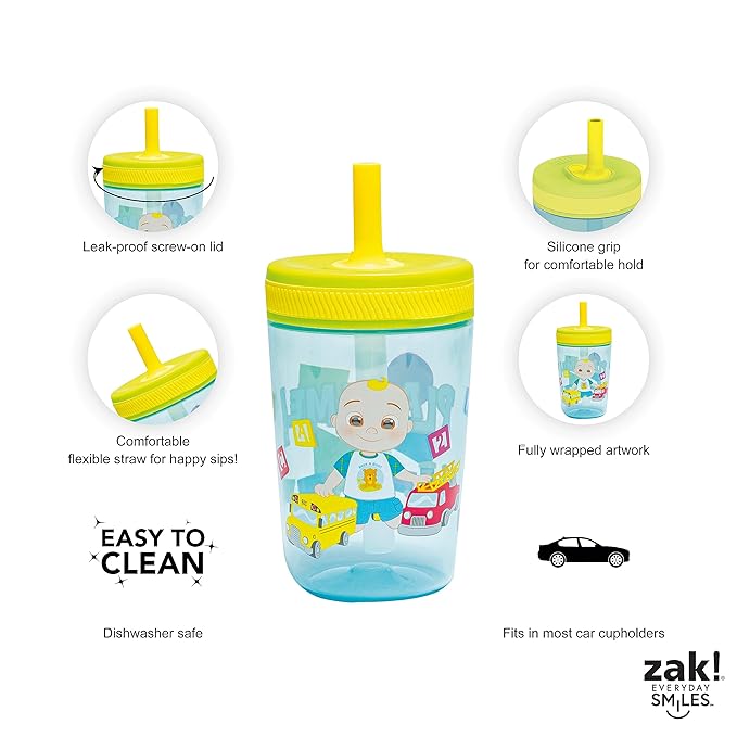 Zak Designs 15oz Cocomelon Kelso Tumbler Set, Leak-Proof Screw-On Lid with Straw Made of Durable Plastic and Silicone, Perfect Bundle for Kids