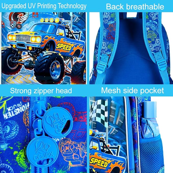 16" Monster Truck Backpack for Boy, 3Pcs Bookbag for Elementary Preschool Kindergarten, Kids School Backpacks with Lunch Box (Blue)