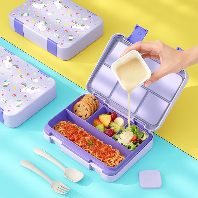 Bento Lunch Box for Kids, 4 Compartments Kids Leak Proof Back to School Bento Lunch Boxes Food Containers for School, Travel, On-the-Go Meal, Food Grade, Microwave, Dishwasher Safe