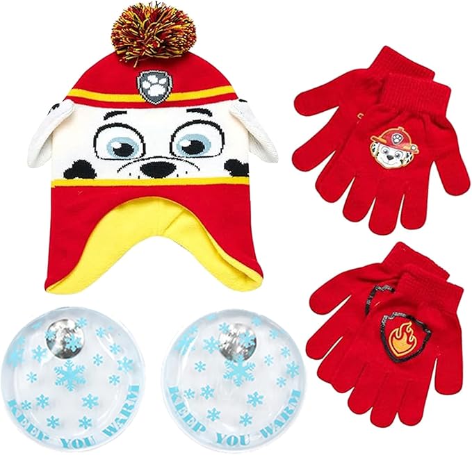 Nicklelodeon Paw Patrol Boy's Winter Hat and 2 Pair of Gloves or Mittens Set (Toddler/Little Boys) Size Age 4-7, Paw Patrol Marshall Glove with Handwarmers