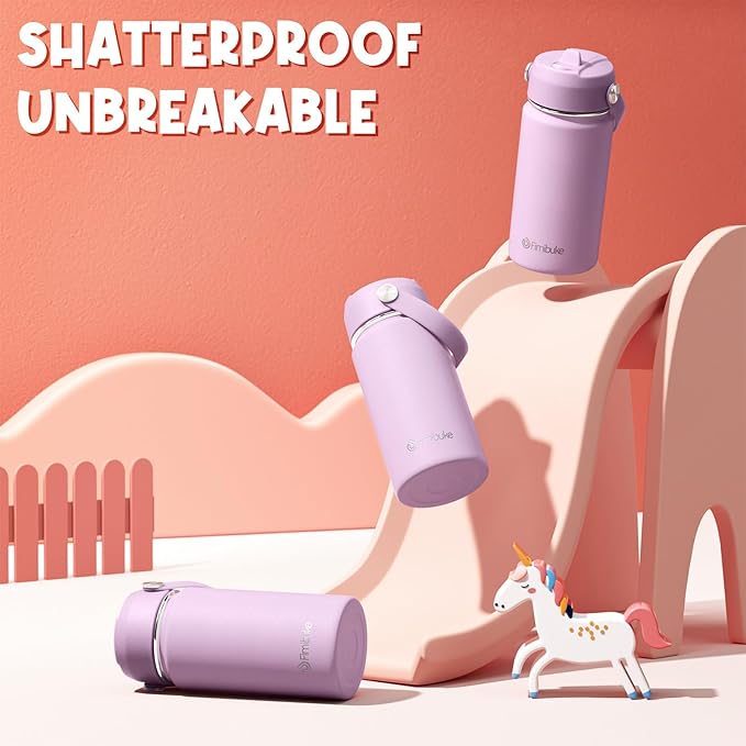 Fimibuke Kids Insulated Water Bottle, 14oz BPA FREE 18/8 Stainless Steel Travel Tumbler Double Wall Vacuum Leak Proof Kids Cup with Straw Metal Water Bottle for School Boys Girls(1 Pack, Lilac)